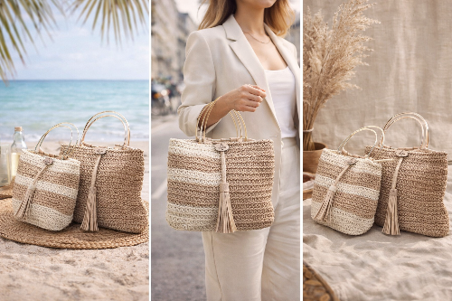 NANNIE – Sac cabas artisanal en raphia & liège crocheté