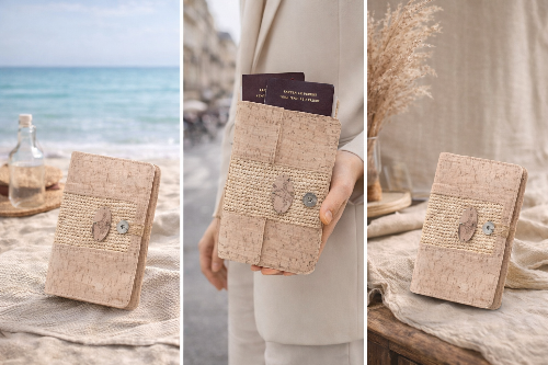 Étui passeport en liège & raphia artisanal